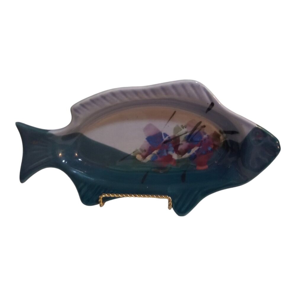 Kent Follette Signed Art Pottery 12½" Royal Blue Floral Fish Shaped Tray